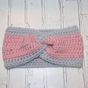 💗 Handmade Crochet Headband – Pink & Gray Edition – OS